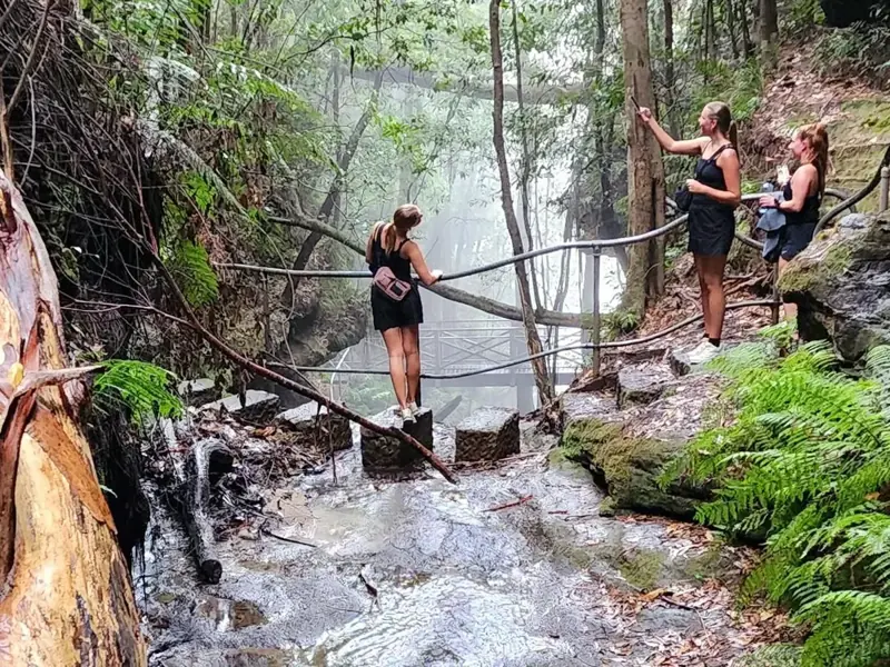 Walkers on steps beside a waterfall