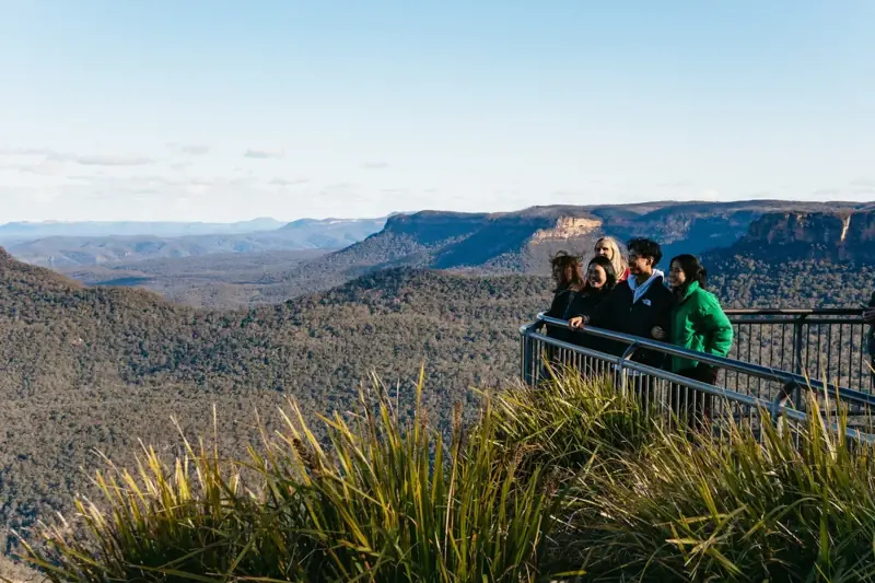 Group at a fenced valley lookout